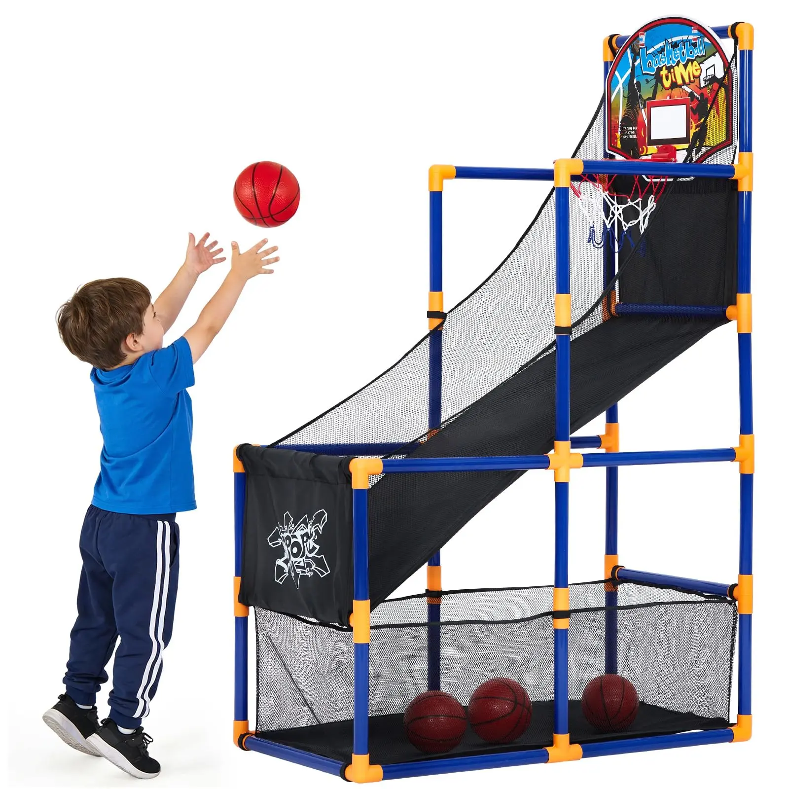 2-in-1 Adjustable Height Kids Basketball Arcade Set with 4 Balls, Built-in Ball Return Ramp & Dart Game – Indoor/Outdoor Sports Toy for Boys and Girls Ages 3+