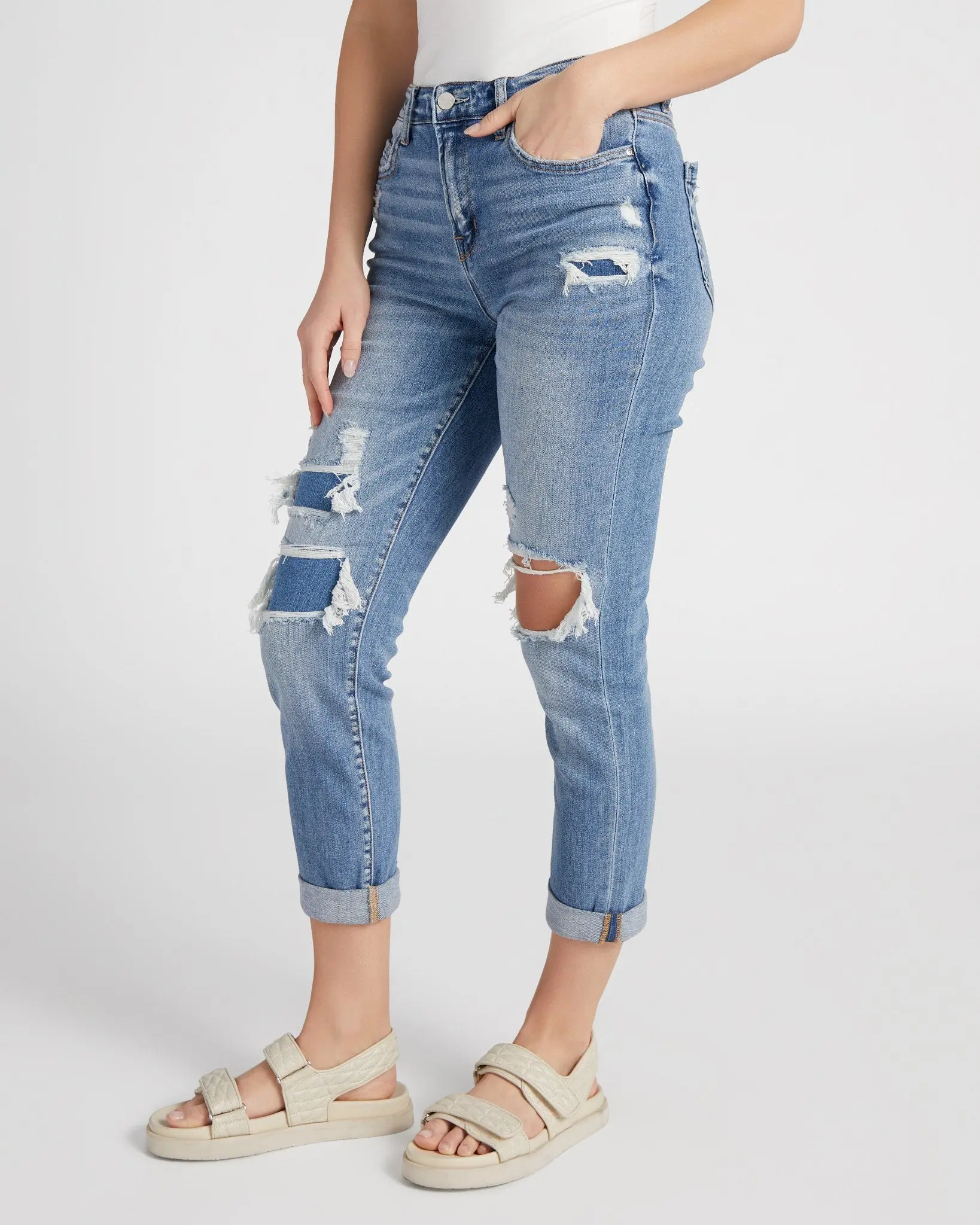 High Rise Boyfriend Jeans for Women, Soft and Stretchy Patched Denim Pants with a Cuffed Ankle Crop, Bottom, Cuffed Jeans, Boyfriend Cuffed Distressed Jeans