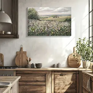 3D Textured Floral Landscape Wall Art, 24x36 Inch Vintage Meadow Oil Painting with Artificial Flowers, Modern Farmhouse Decor for Living Room Bedroom, Rustic Nature Canvas Print with Frame