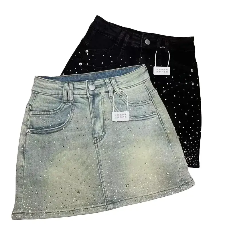 Women's Lady Elegant Vintage A-Line Cut Denim Skirt - Denim Fabric, All Season, Rhinestone-Embellished, Solid Black/Light Blue, With Pockets, Travel-Versatile Studio Wear, Basic