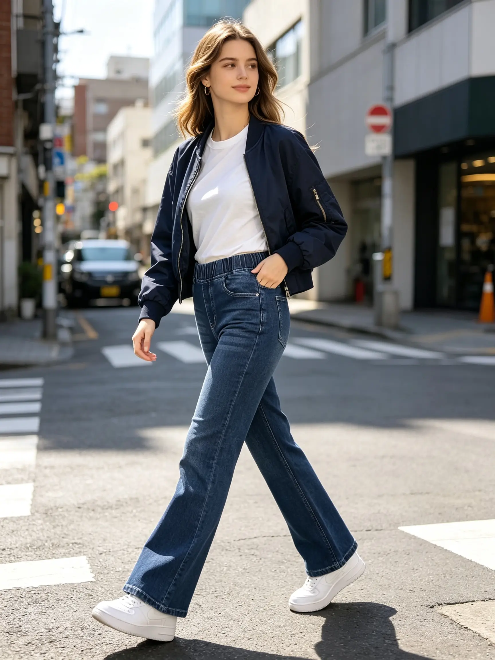 Women High Waist Elastic Waistband Flare Jeans, Dark Wash Stretch Bootcut Denim Pants, Casual Wide Leg Trousers for Daily Wear