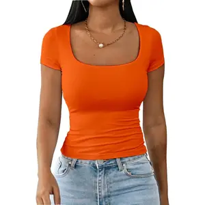 Womens Summer Sexy Square Neck Tops Double Lined Short Sleeve Shirts Slim Fit Crop TopGift