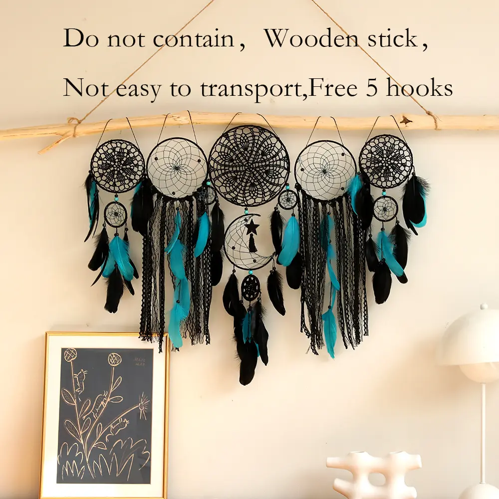 5pcs Large Hangable Dreamcatcher Net Hanging Decoration - Free 5 Hooks, Easy Transport Set, Bedroom Room Art Wall Decor for Wedding & Holiday Gifts (Does Not Include Wooden Stick)