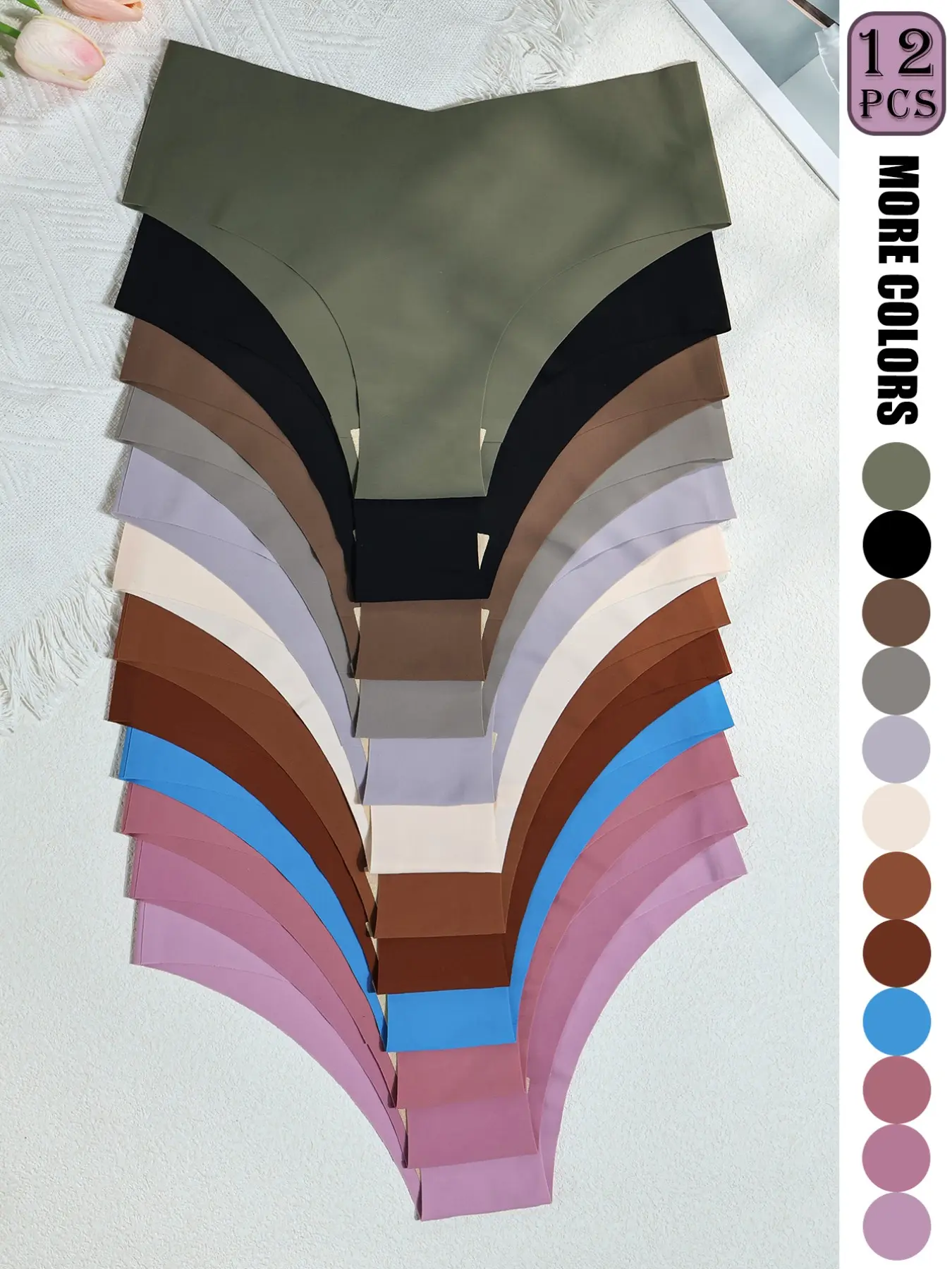 12 Pack Women‘s Seamless Low Rise Panties - V-Cut No Show Underwear 12 Colors (Brown/Black/Navy/Blue/Pink/Purple/Red/White) Soft Nylon Spandex Blend Elegant Chic Fit Everyday Comfort