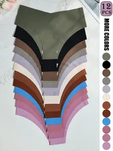 12 Pack Women‘s Seamless Low Rise Panties - V-Cut No Show Underwear 12 Colors (Brown/Black/Navy/Blue/Pink/Purple/Red/White) Soft Smooth Nylon Spandex Blend Everyday Comfort