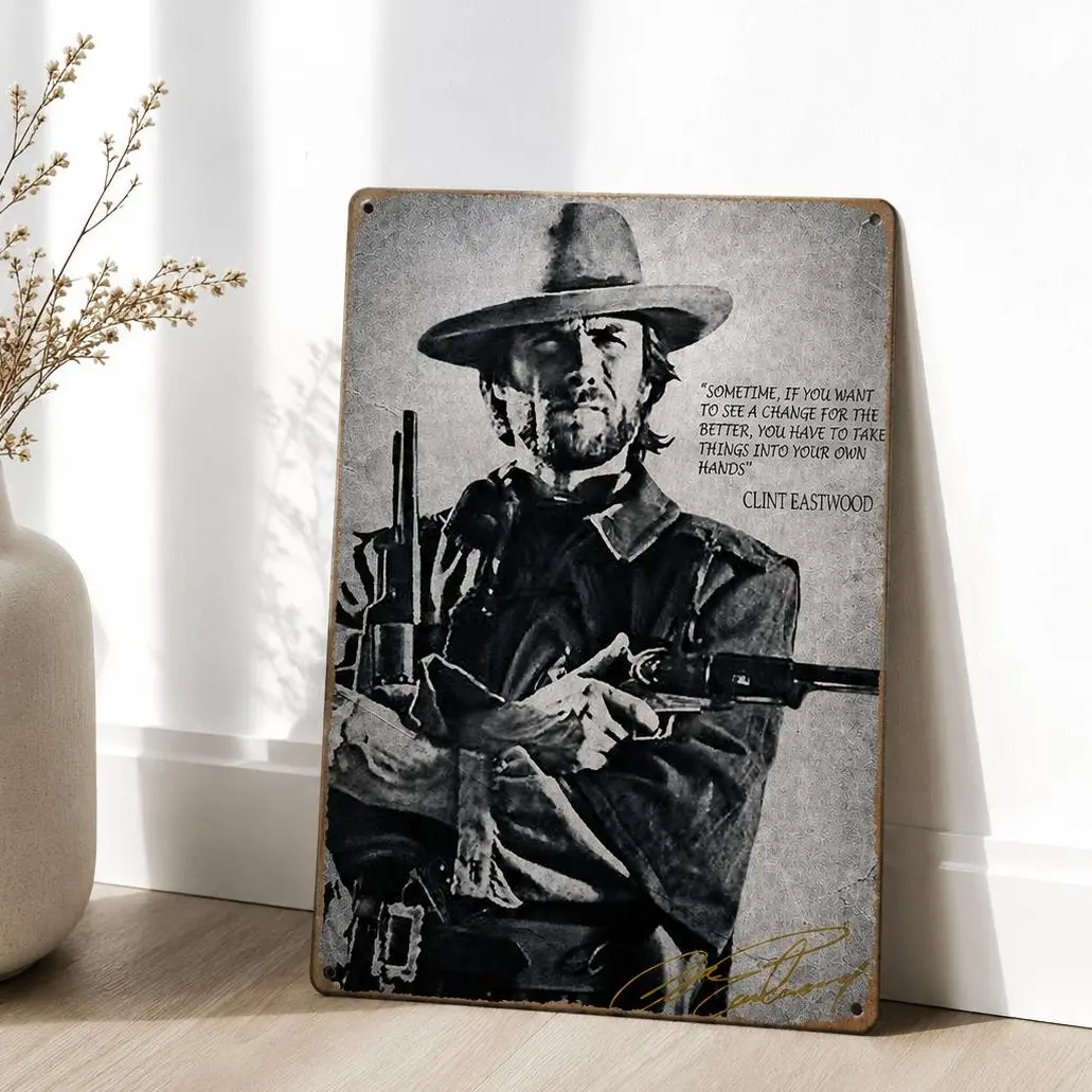 Vintage Clint Eastwood Movies Metal Tin Sign - 8x12 in Western Cowboy Farmhouse Wall Art Plaque, Rustic Artistic Print Vintage Art Graphic Nail-Mounted Decor, Man Cave Room Decorations Gift for Men