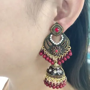 Bohemian Indian Dangle Earrings for Women Turquoise Antique Silver Gold Bell Chandelier Earrings Beaded Crystal Jhumka Jhumki Lotus Mexico Tassel Studs Traditional Jewelry