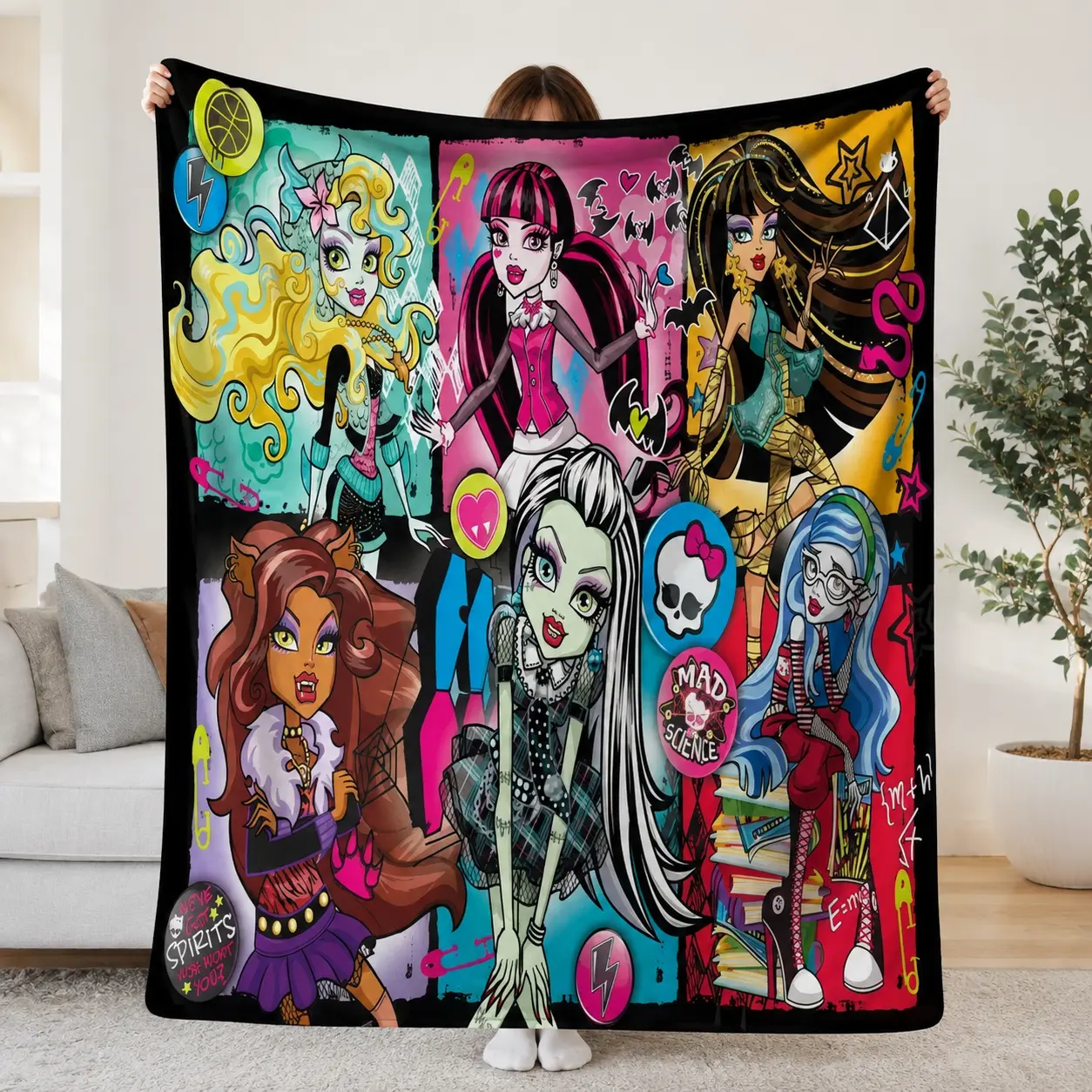Monster High Flannel Throw Blanket, Colorful Gothic Character Collage Soft Cozy Lightweight Fleece Blanket for Bedroom Couch Dorm Room, Gift for Monster High Fans Teens Women