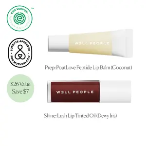 Prep & Shine Lip Duo - PoutLove Peptide Lip Balm (Coconut) + Lush Lip Tinted Oil (Dewy Iris) - Glossy lip oil and moisturizing tinted lip balm kit