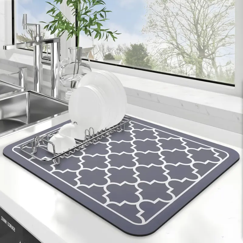 Dish Drying Mat 15 x 18 Inch Super Absorbent Kitchen Counter Drying Mat, Large Quick Dry Dish Drainer Pad for Dishes, Glasses & Cookware, Easy Clean Non Slip Kitchen Drying Mat for Countertop, Grey