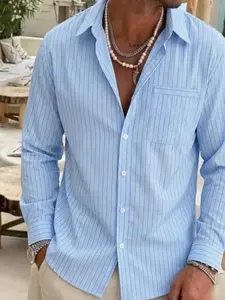 Men's Casual Long Sleeves Striped Button Lapel Shirt Classic Design, Comfortable Fit for Daily Wear, Stylish Men's Clothing for All Seasons, Casual Everyday Wear
