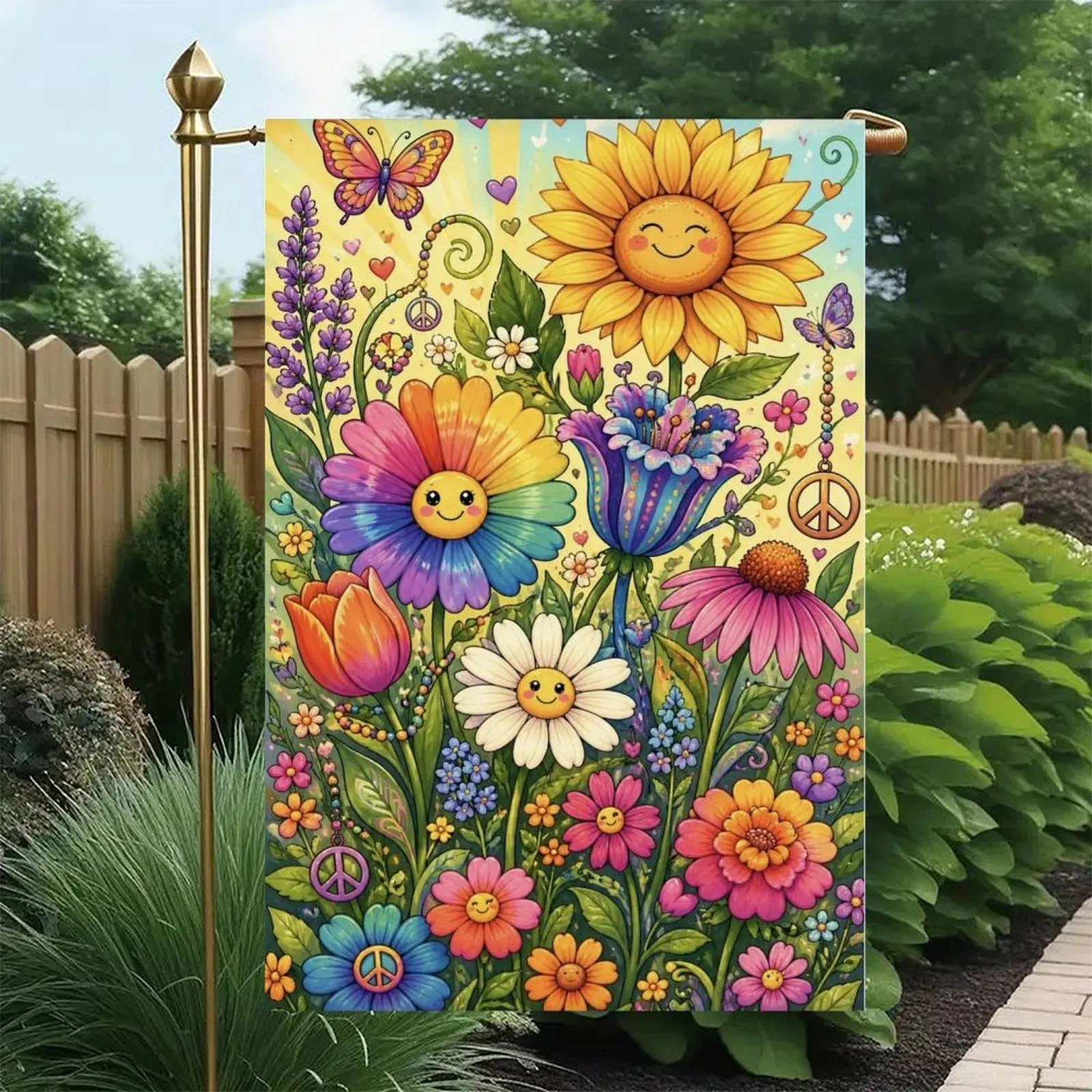 Retro Hippie Peace Sign Sunflower Daisy Tulip Colorful Butterfly Wildflower Boho Floral Happy Face Garden Flag Double-Sided 12x18in, Peace Love Flower Child Outdoor Patio Banner