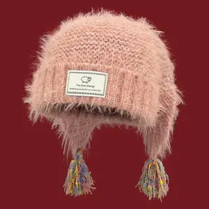 Cute Bunny Ear Knit Hat for Women – Winter Warm Plush Beanie with Faux Rabbit Fur, Colorful Tassels & Cozy Knitted Design – Fall/Winter Fashion Accessory, Soft Girls Beanie, Trendy Warm Hat 2025