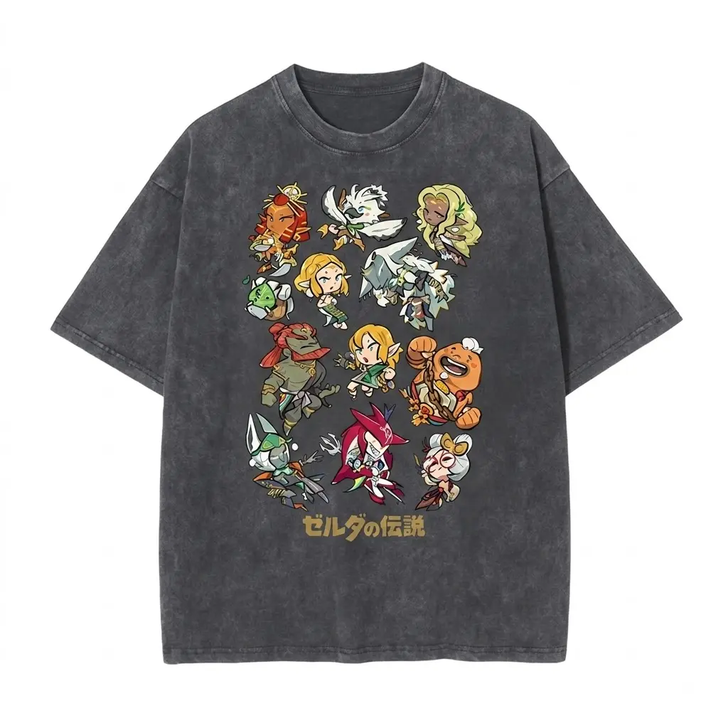 The Legend of Zelda Chibi Characters Graphic T-Shirt Vintage Acid Wash Oversized Gaming Tee
