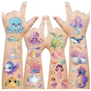 90pcs Ocean Animals Temporary Tattoos for Kids Under the Sea Creature Individual Tattoos for Ocean Theme Birthday Party Decoration Favors Baby Shower Supplies Goodie Bag Stuffers 10 sheets