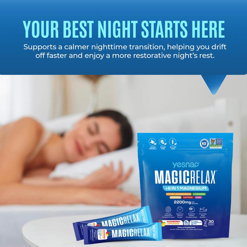 Yesnap MAGICRELAX Calming Sparking Mix with 8-in-1 Magnesium, KSM-66 Ashwagandha, Saffron, Vitamin D3, GABA & L-Theanine Supports Cortisol Balance Mood Sleep 30 Servings, No Sugar, Non GMO, Raspberry Lemonade Flavor