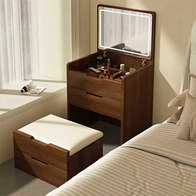 3-in-1 Walnut Vanity Desk with Flip-Top Mirror, 48cm Compact Dressing Table with Clear Glass Tabletop, 3-Drawer Makeup Vanity Set for Small Bedrooms