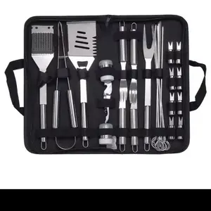Stainless Steel BBQ 29 Piece Tool Set with Grill Brushes, Tongs, Forks, and More for Outdoor Camping and Barbecue Use