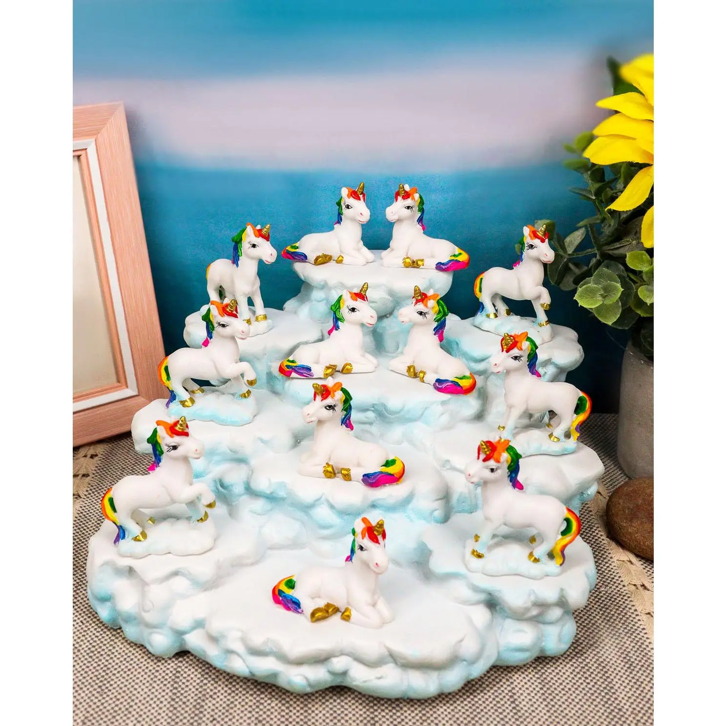 Ebros Magical Clear Blue Sky Clouds Terrace Castle Display Stand Figurine with 12 Miniature Rainbow Unicorns with Golden Horns Decorative Fairy Garden Accent Centerpiece Set