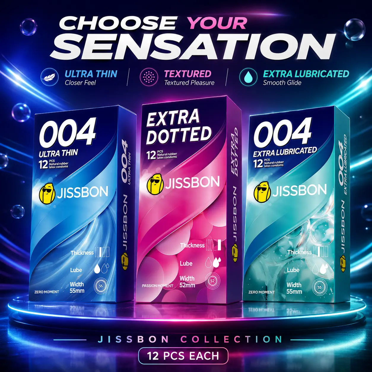 Jissbon 36-Piece 3-in-1 Fun Condom Set - Ultra-Thin, Granular, Lubricated Natural Latex Condoms for Men, Suitable for Couples