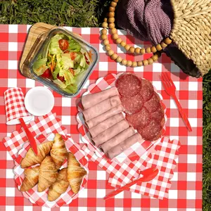 176 PCS Red Gingham Plates and Napkins Red Checkered Disposable Plates Set with Napkins Cups Plastic Spoons Forks Knives for Dinner Birthday Baby Shower Wedding Supplies Serve 25 Guests