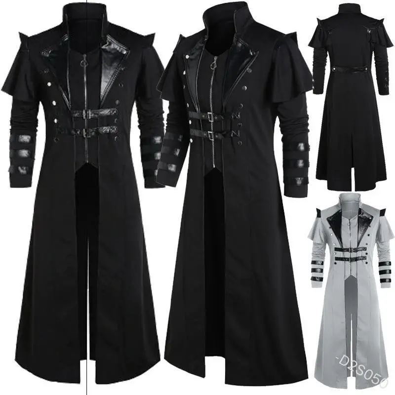Adult Men's Gothic Armor Leather Jacket - Vintage Halloween Medieval Steampunk Assassin Pirate Elf Themed, Black Long Split-Sleeve Menswear Clothes, Knit Accent Set, Faux Leather