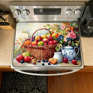 1pc 2D Flat  Anti-Slip Stove Mat with Fruit Basket Design - Heat-Resistant & Scratchproof Polyester Cover for Electric Glass Cooktop, Stove Top, Washing Machine - Compatible with Induction & Ovens, Kitchen