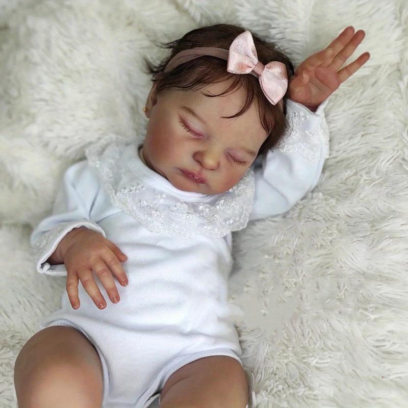Realistic 50cm Asleep Reborn Baby Doll 20inch Soft Vinyl Newborn Bebe Girl Toy with Ear Studs, 3D-painting Skin with Visible Veins Lifelike Princess Gift Toy for Kids