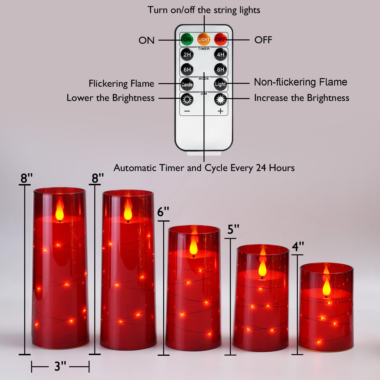 Acrylic Flameless Candles with Embedded Star String Fairy Lights, Battery Operated Candle, LED Candles, Fake Candles with Remote Control and Timer, Red, Set of 5(H4 5" 6" 8" 8") Decor christmas decorations christmas lights