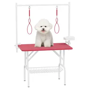 36'' Large Dog Grooming Table, Foldable Pet Station at Home, Dog Grooming Table,Adjustable Cat Drying Desktop with Arms, Nooses, Mesh Tray (Basic pet Table, 36" Pink)
