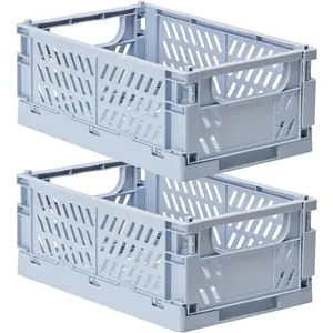 2-Pack Small Pastel Plastic Storage Baskets, Collapsible Crates for Organizing, Space-Saving Mini Bins for Classroom, Kitchen, Office, Bedroom (Blue, 9.8" x 6.5" x 3.8")