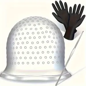 Reusable Hair Coloring Highlighting Cap with Metal Hook and Hair Dye Gloves Set - Professional Hair Styling Tools & Accessories for Normal Hair - Lightweight Under 300g Hair Dyeing Kit