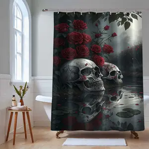 Skull Pattern Bathroom Set, 4 Piece Shower Curtain, U-Shaped Toilet Mat, Rectangular Rug, Toilet Seat Cover, Halloween Home Decor