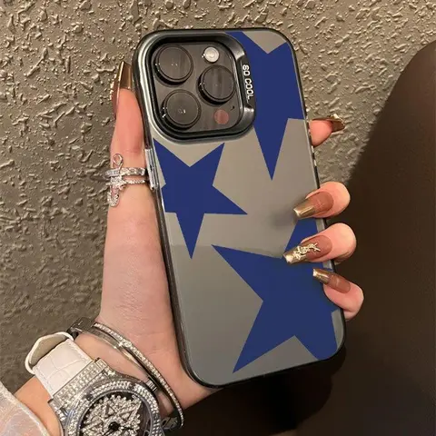 Durable Plastic Cellphone Cover - Custom-Fit Casing for iPhone 17/16/15 Pro Max Plus,14/13/12/11,Air,X,XR, Shockproof, Anti-Scratch, Holographic Simple Blue Star Pattern, Valentine Gift for Women, Phone Protection Accessories for Mobile Devices