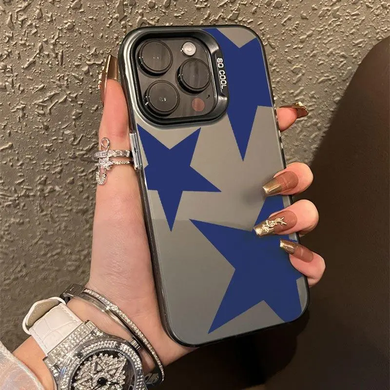 Compatible with iPhone 17 16 15 Pro Max Plus 14 13 12 11 Air X XR E Simple Blue Star Pattern Durable Shockproof Anti-Scratch PC Protective Cellphone Case Valentine Gift For Girls and Women