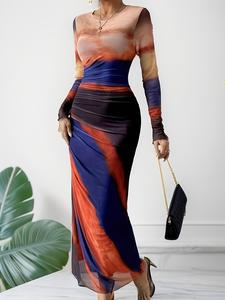 women's all over print ruched tulle dress, elegant long sleeve round neck long dress for party holiday wedding guest, print dress, dresses for women, ladies elegant longsleeves dress spring & fall clothes, dresses for party, crewneck womenswear