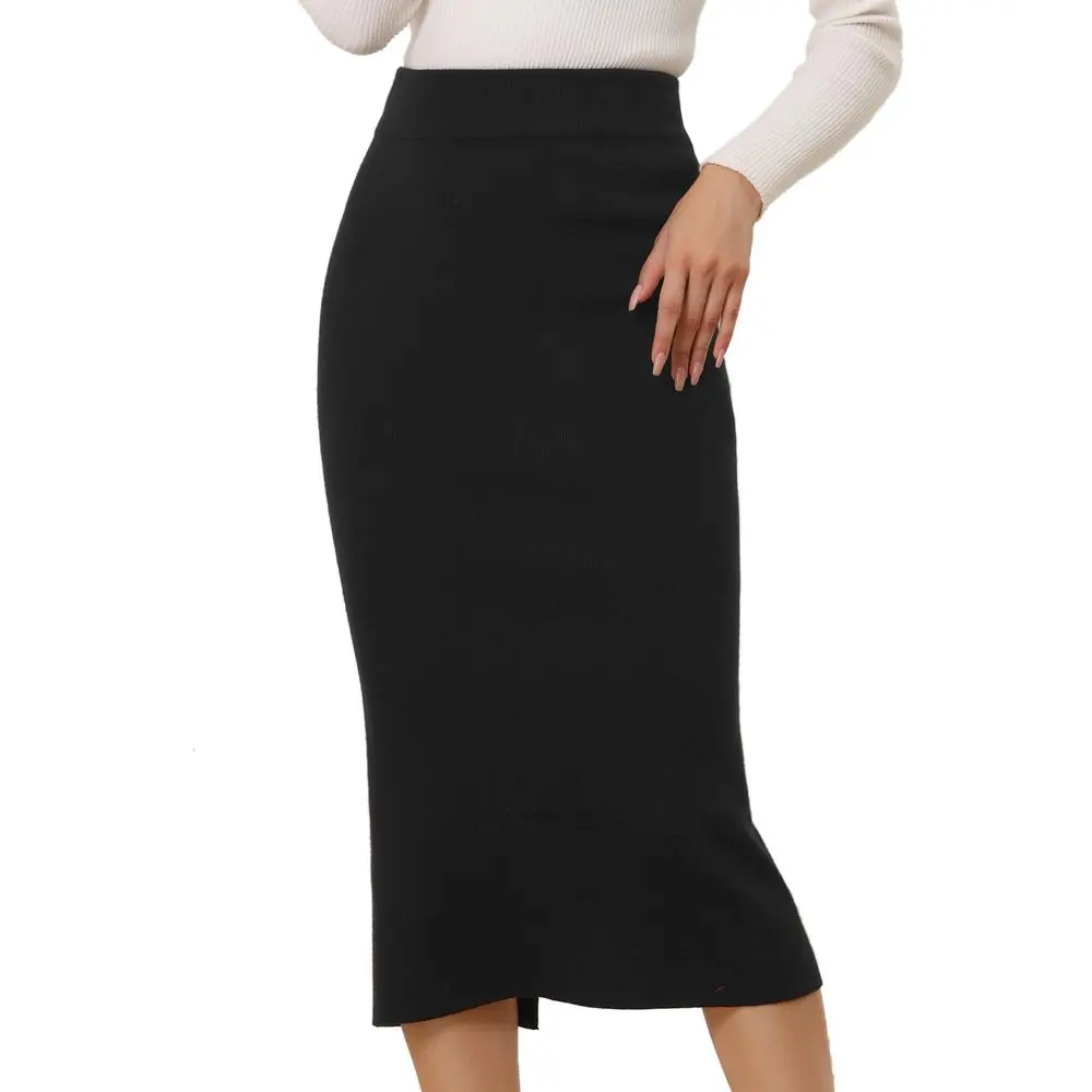 Allegra K Women's High Waist Stretchy Rib Knit Slit Hem Pencil Bodycon Sweater Skirt Black Medium