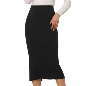 Allegra K Women's High Waist Stretchy Rib Knit Slit Hem Pencil Bodycon Sweater Skirt Black Medium