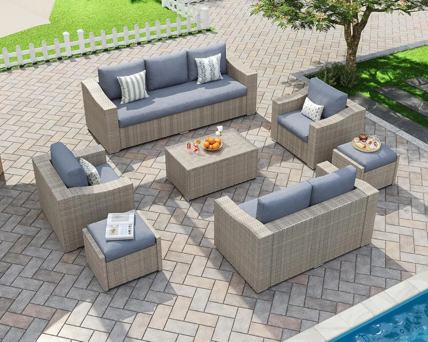 VanAcc 7-Piece Outdoor Patio Furniture Set, Wicker Outdoor Couch Conversation Set with Storage Coffee Table, 2 Ottomans, Patio Sectional Sofa for Backyard or Deck