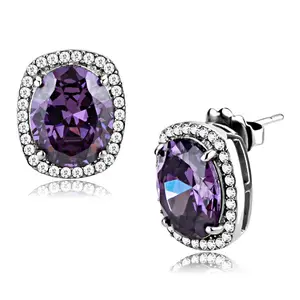 Edwin Earls Women's Halo Style Stainless Steel Stud Earrings with Amethyst and Clear CZ Stones