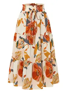 Spring Summer Boho Large Flower Print Floral Skirt, High Waist Elastic Three-Layer Ruffle Midi Dress, Slimming Vacation Style Bohemian