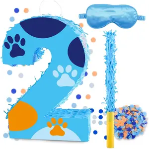 16 Inch Number 2 Dog Paw Pinata with Piñata Stick Blindfold Confetti for Boy Girl Kids 2nd Birthday Party Decorations