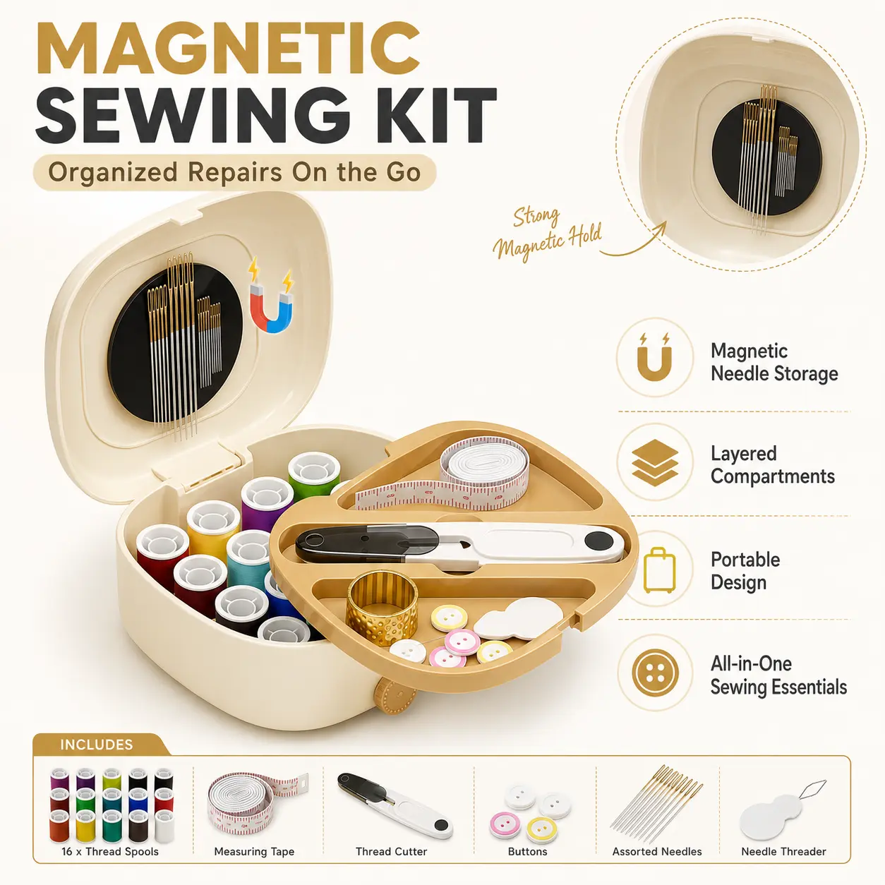 64-Piece Magnetic Sewing Handheld Set, Travel-Friendly Portable Clothing Repair Kit with Magnetic Needle & Thread Organizer, Thread Cutter, Measuring Tape for DIY Home Projects