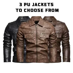 Men’s vintage lapel PU leather military-style jacket, zip motorcycle outerwear with button flap chest pocket, windproof slim fit for autumn/winter streetwear and motorcycling, available in 3 colors