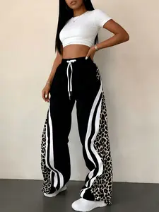 A women's fashionable new black leopard print white color-block striped drawstring waist pocket design sporty wide-leg pants, suitable for summer, daily wear, and sports outfits.