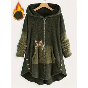 CatPatternZipperPlushJacket,CasualLongSleeveHoodedWarmCoat,SuitableforAutumnandWinter,Women'sClothing