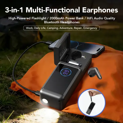 MINISO MS120 3-in-1 Lightweight Wireless High Performance Earbuds - Bluetooth 6.0 Electronic Audio Device, In-Ear TWS Headset, 3-Mode LED High-Power Flashlight, 2000mAh Power Bank, Ideal for Outdoor Hiking