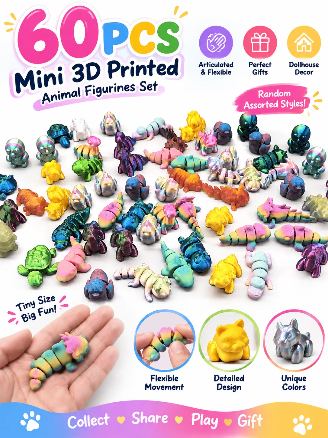 60pcs Mini 3D Printed Animal Figurines Set - Cute Articulated Flexible Fidget Toys, Dollhouse Decor & Show Themed Collectible, Random Assorted Party Favors, Birthday Gifts