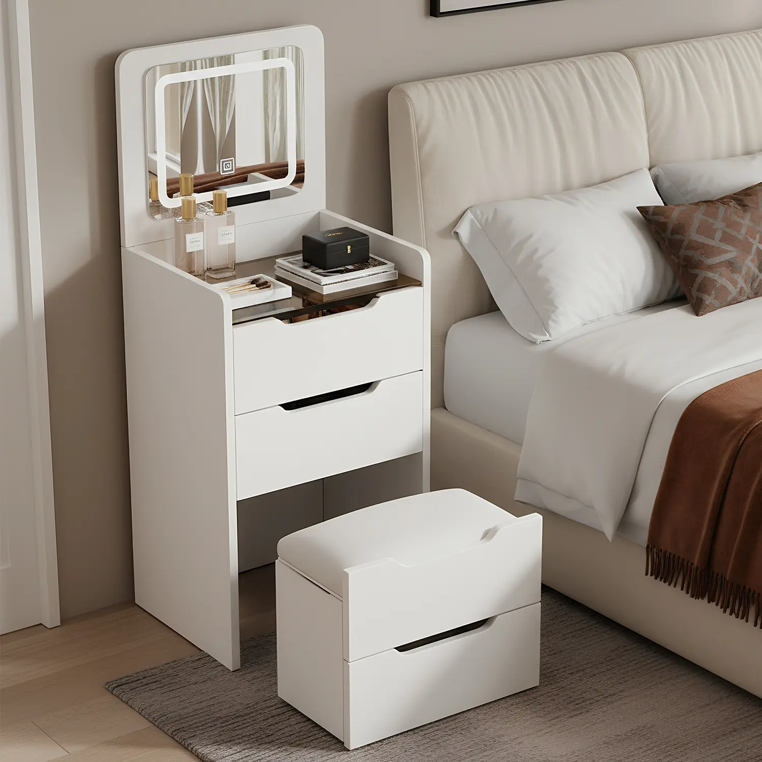Spaco Modern 3-in-1 Flip Top Vanity Set - Space-Saving Standable Vanity Nightstand, Compact Desk with Mirror, Glass Top, 3 Drawers & Cushioned Stool for Bedroom Indoor Furniture, Drawers Makeup Vanities
