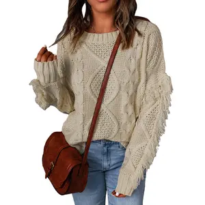 Women's Elegant Long Sleeve Tassel Fringe Cable Knit Sweater Jumper Top